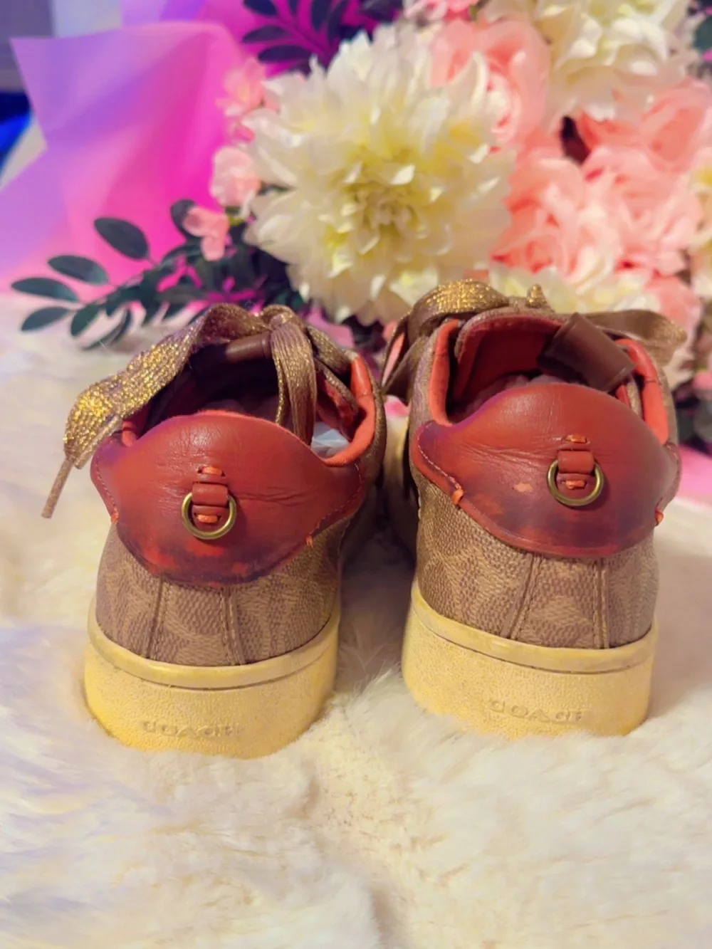 Coach Brown Signature Low-Top Sneakers with Gold Metallic Laces
